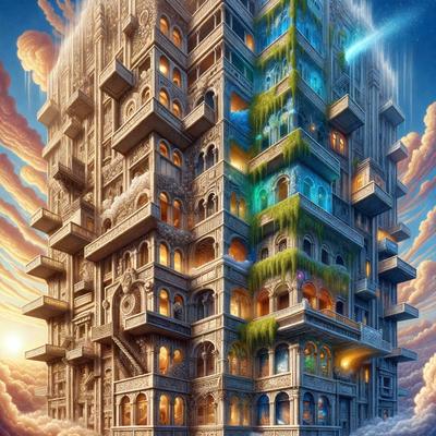 The primary subject of the image is a tall, multi-story building with a unique and intricate design. The building is made of stone and features a variety of windows and balconies. The setting is a cloudy sky, which adds a dramatic backdrop to the scene. The visual style of the image is a digital art or illustration, showcasing the artist's creativity and attention to detail. The colors and mood of the image are predominantly dark and moody, with the cloudy sky and the building's design creating a sense of mystery and grandeur.